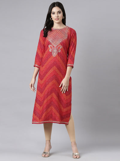 Neerus Red Regular Straight Bandhani Kurtas