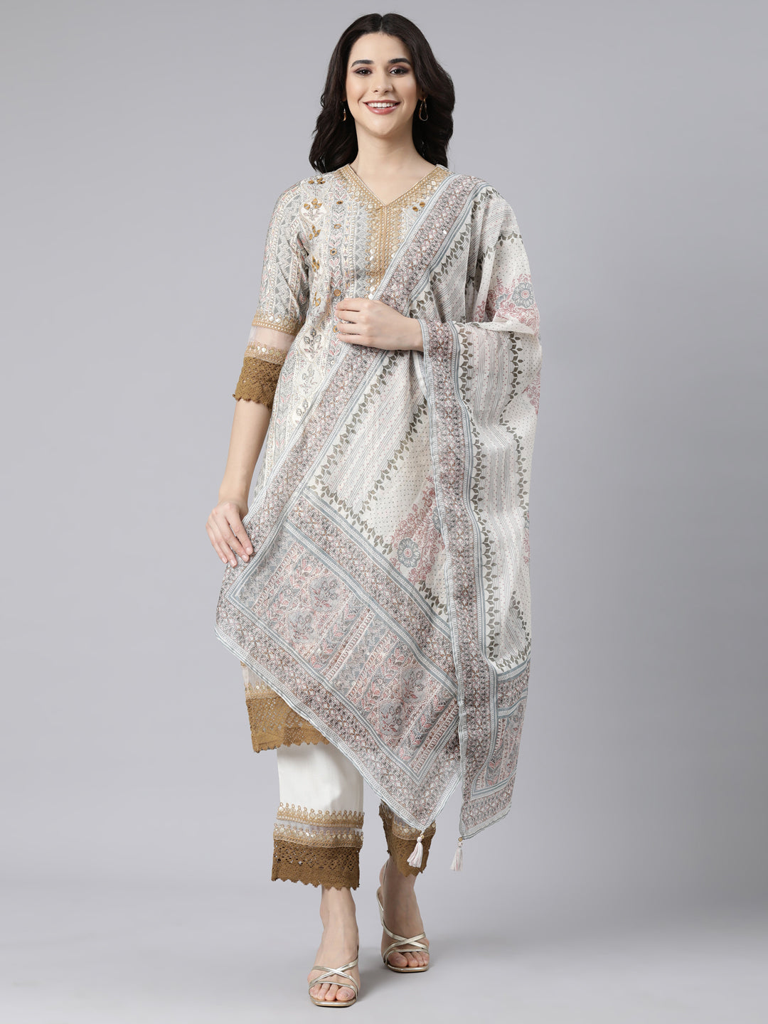 Neerus Cream Regular Straight Floral Kurta And  Trousers With Dupatta