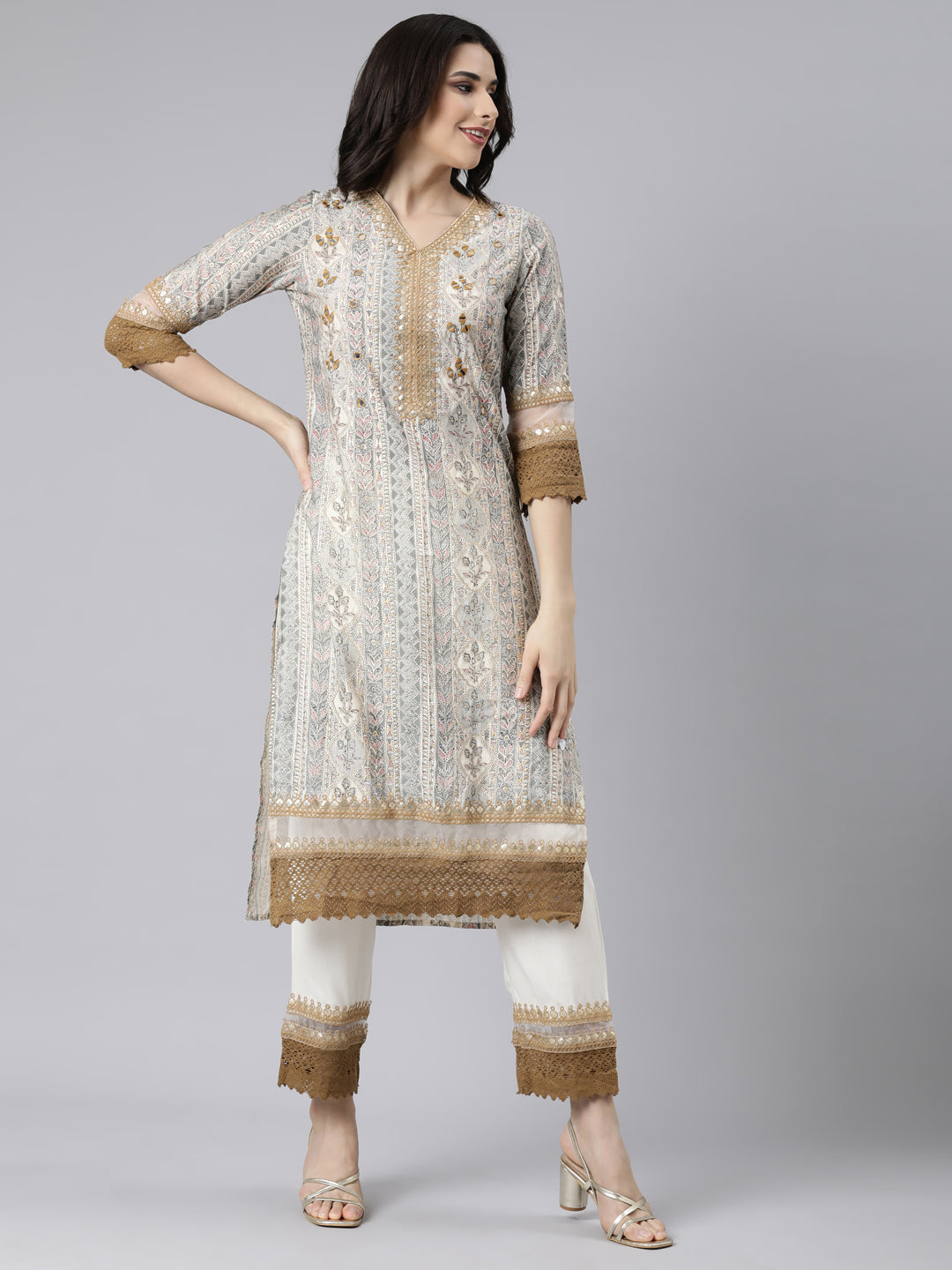 Neerus Cream Regular Straight Floral Kurta And  Trousers With Dupatta