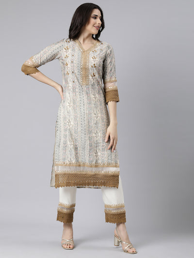 Neerus Cream Regular Straight Floral Kurta And  Trousers With Dupatta