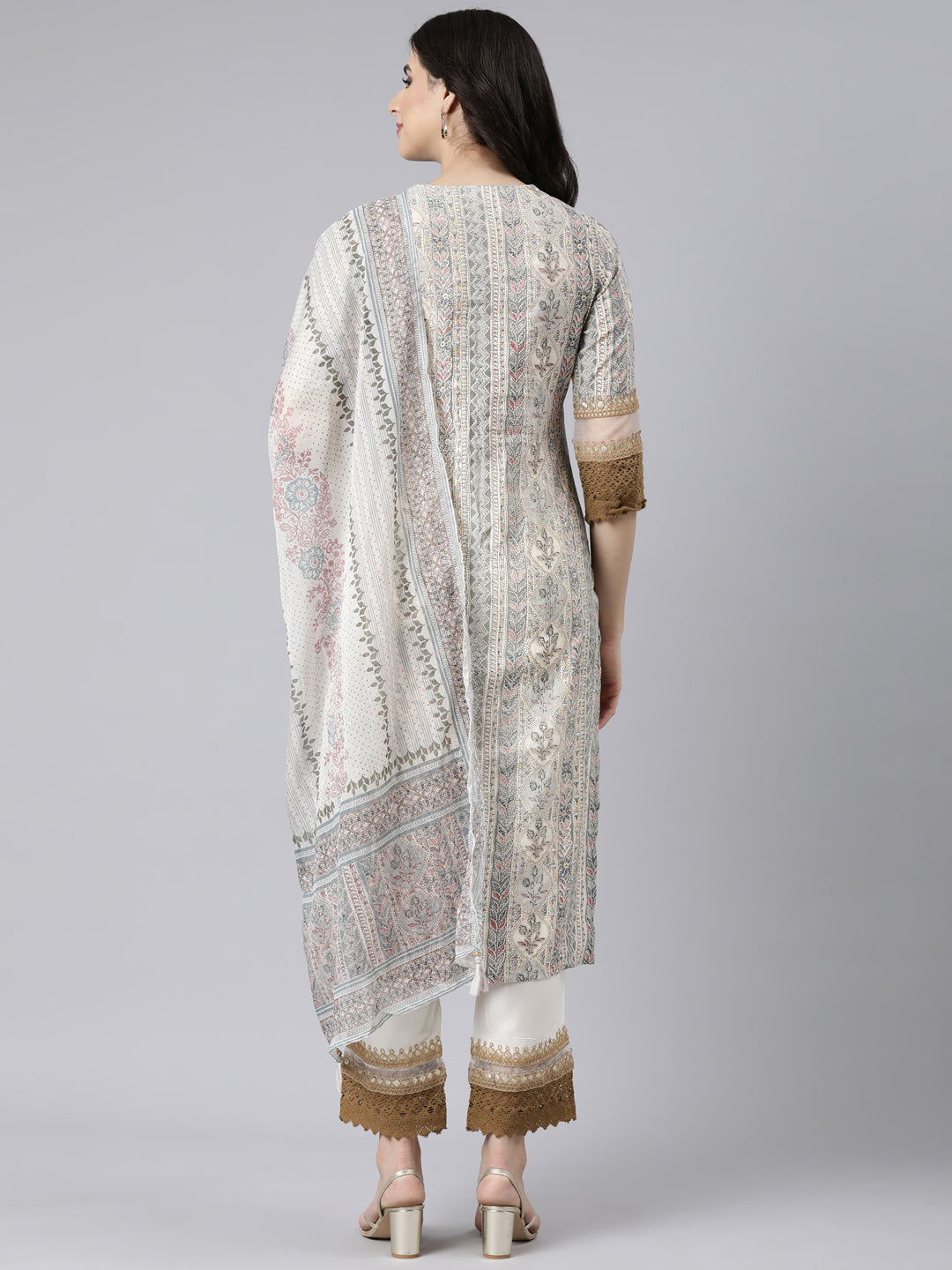 Neerus Cream Regular Straight Floral Kurta And  Trousers With Dupatta