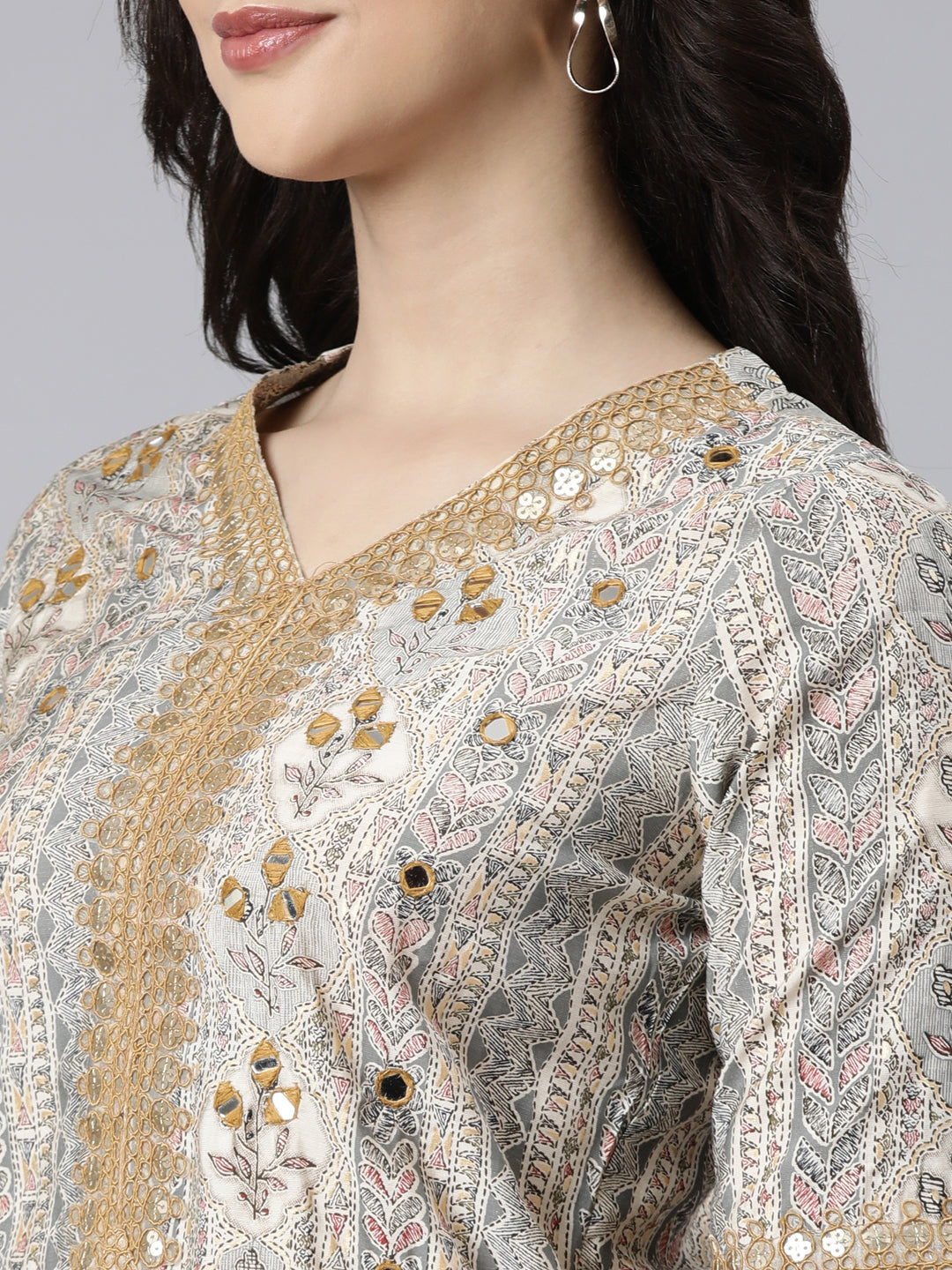 Neerus Cream Regular Straight Floral Kurta And  Trousers With Dupatta