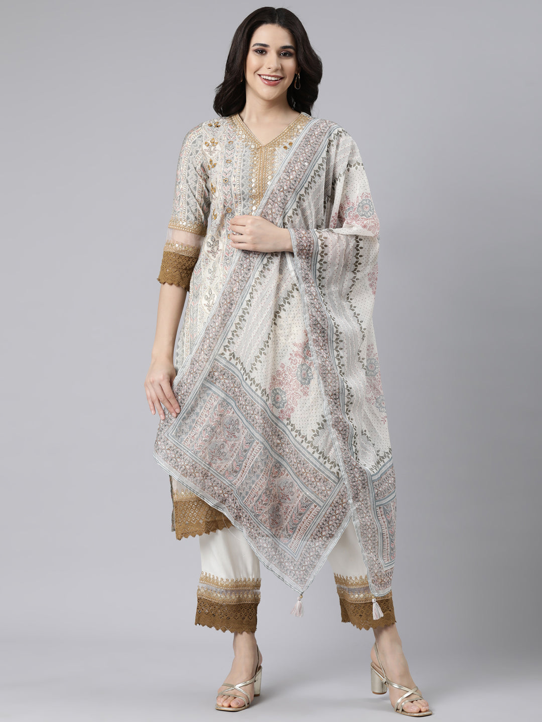 Neerus Cream Regular Straight Floral Kurta And  Trousers With Dupatta