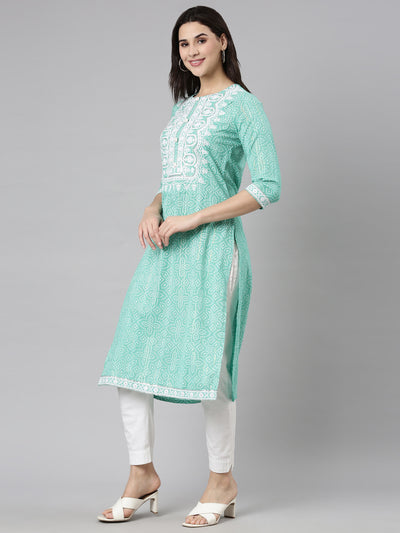 Neerus Green Regular Straight Bandhani Kurtas