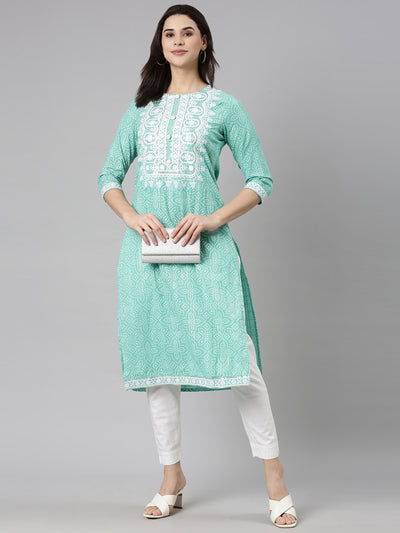 Neerus Green Regular Straight Bandhani Kurtas