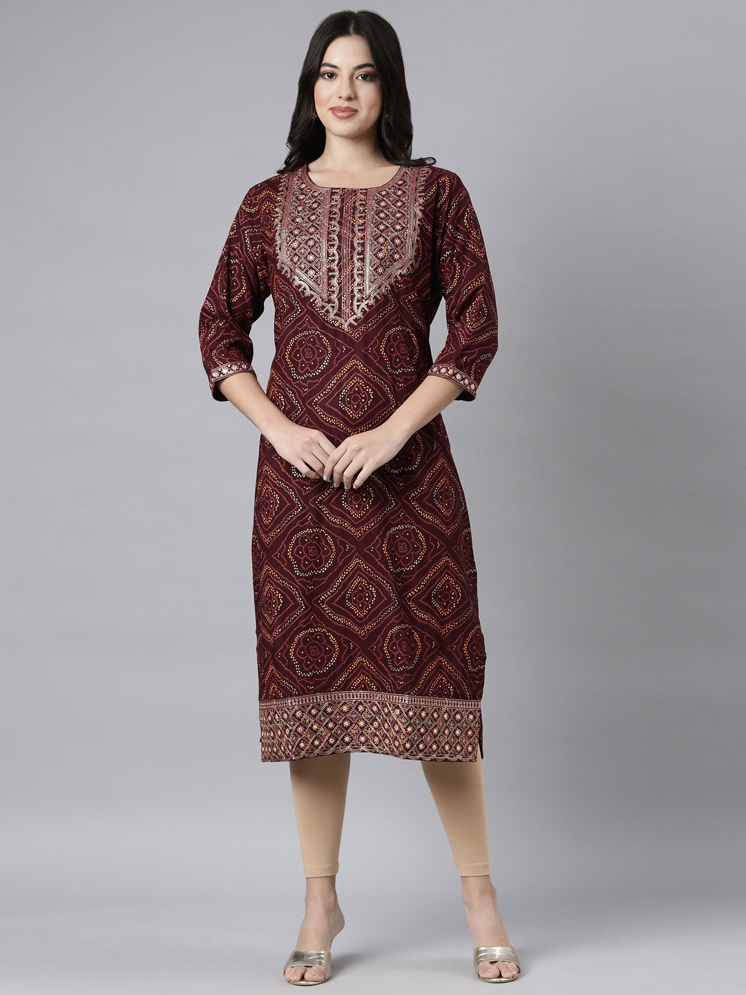 Neerus Brown Regular Straight Bandhani Kurtas