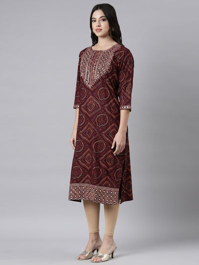 Neerus Brown Regular Straight Bandhani Kurtas