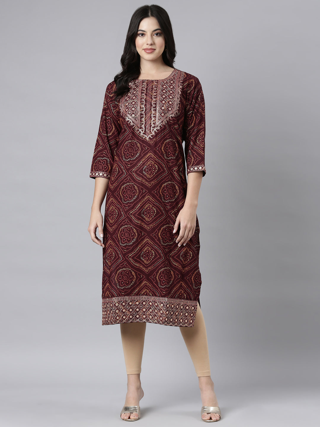 Neerus Brown Regular Straight Bandhani Kurtas