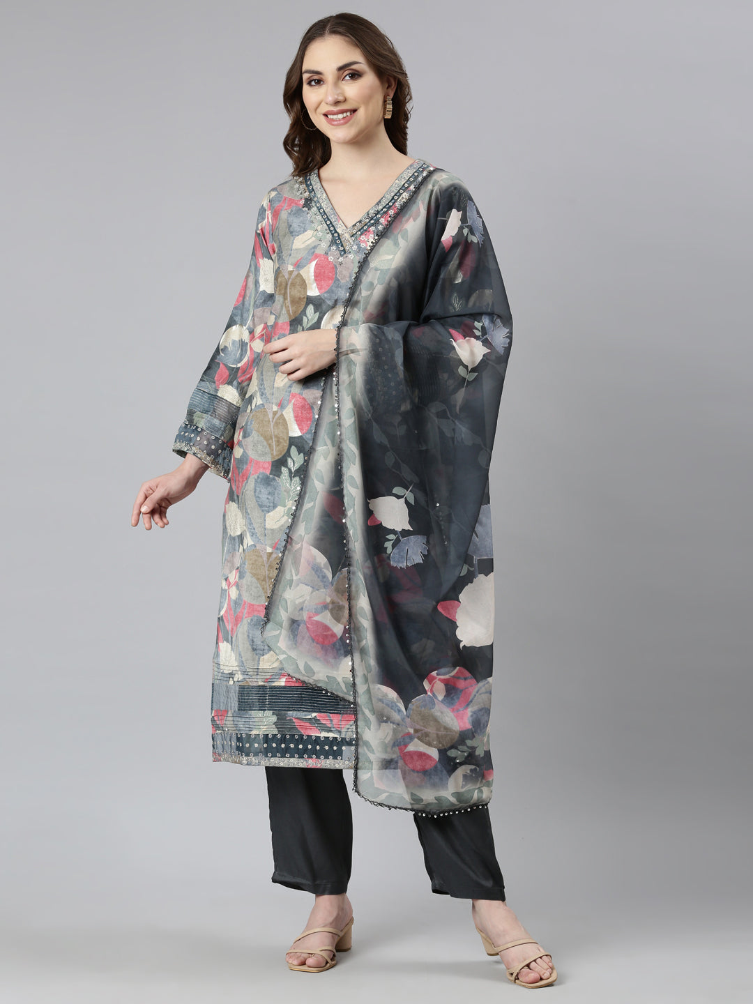 Neerus Grey Regular Straight Floral Kurta And  Trousers With Dupatta