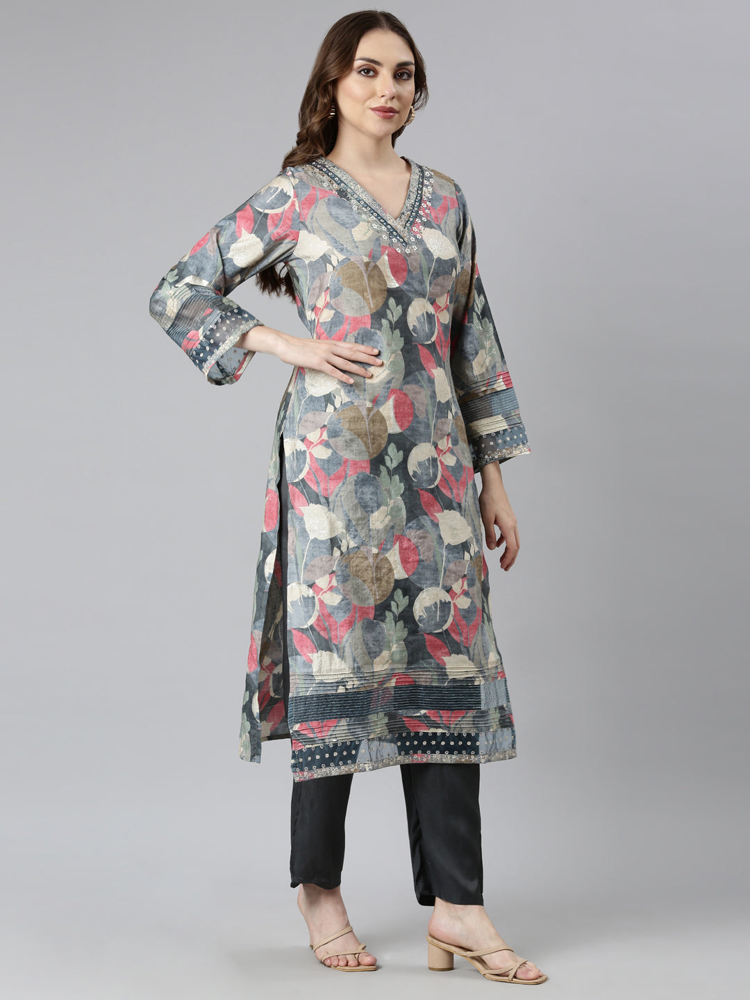 Neerus Grey Regular Straight Floral Kurta And  Trousers With Dupatta