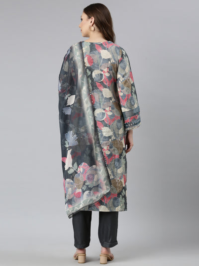 Neerus Grey Regular Straight Floral Kurta And  Trousers With Dupatta