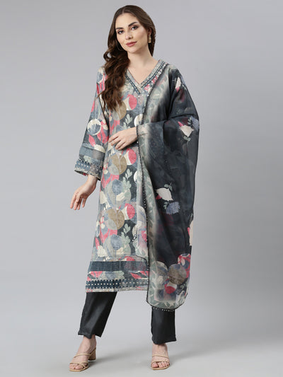 Neerus Grey Regular Straight Floral Kurta And  Trousers With Dupatta