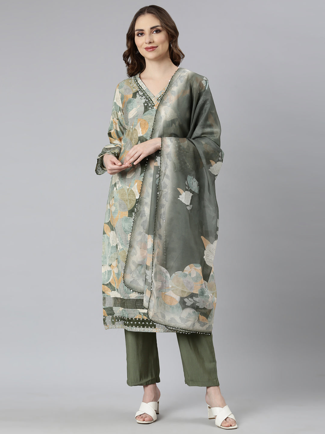 Neerus Green Regular Straight Floral Kurta And  Trousers With Dupatta