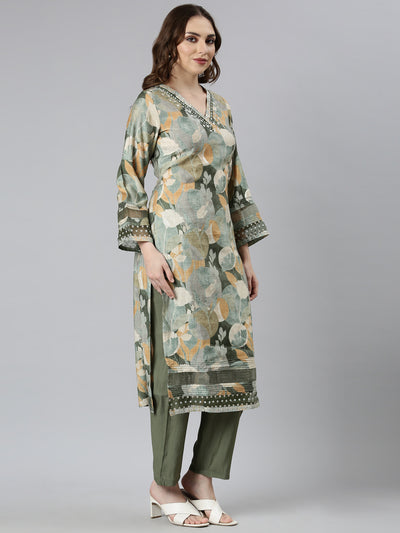 Neerus Green Regular Straight Floral Kurta And  Trousers With Dupatta