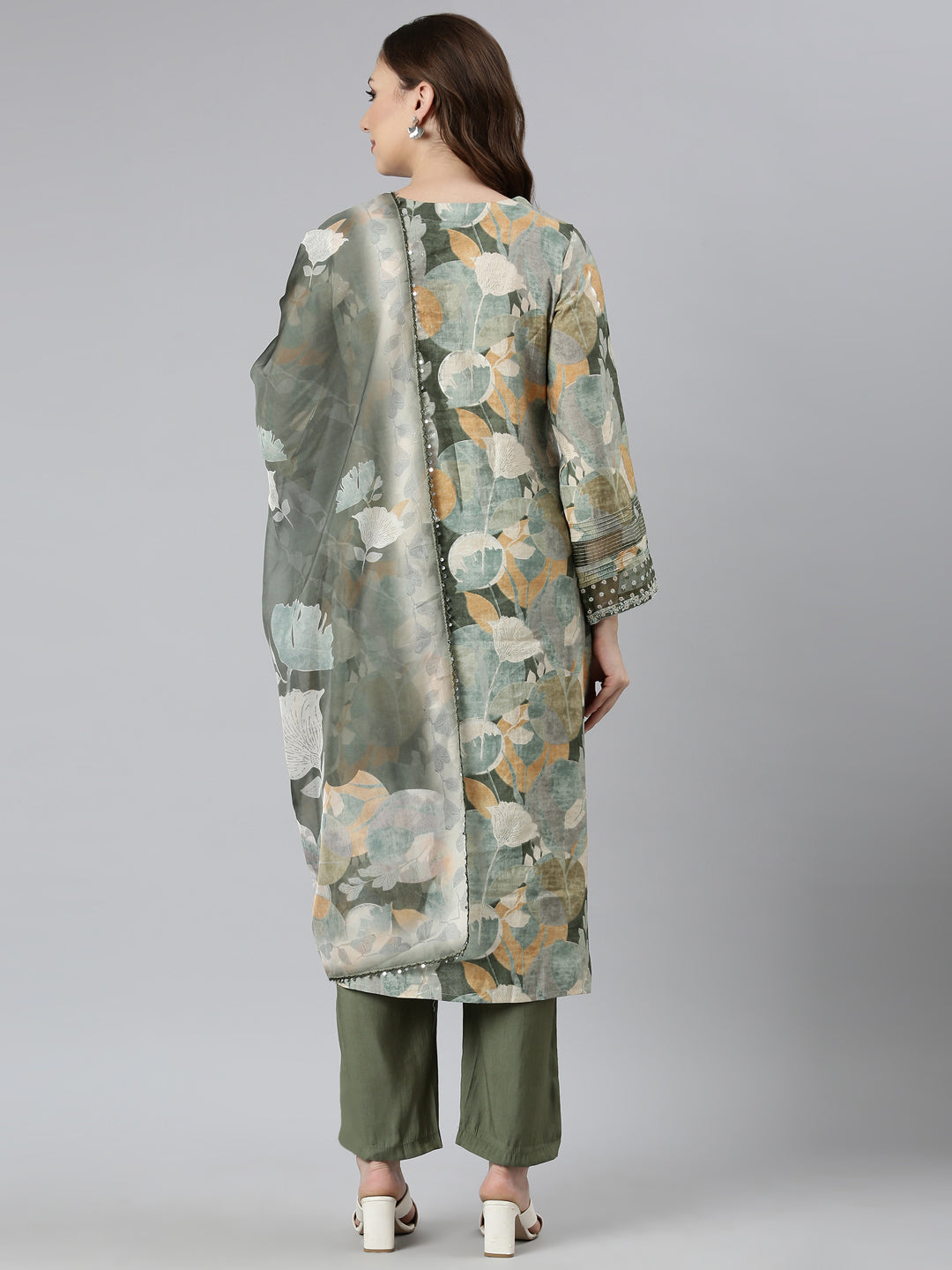 Neerus Green Regular Straight Floral Kurta And  Trousers With Dupatta