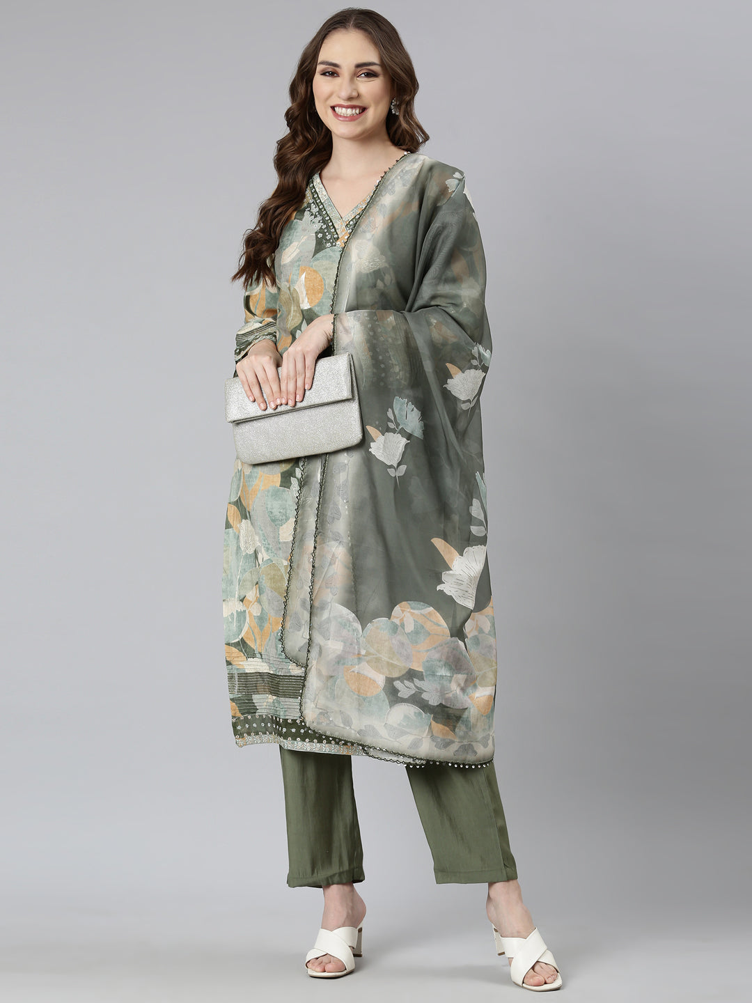 Neerus Green Regular Straight Floral Kurta And  Trousers With Dupatta