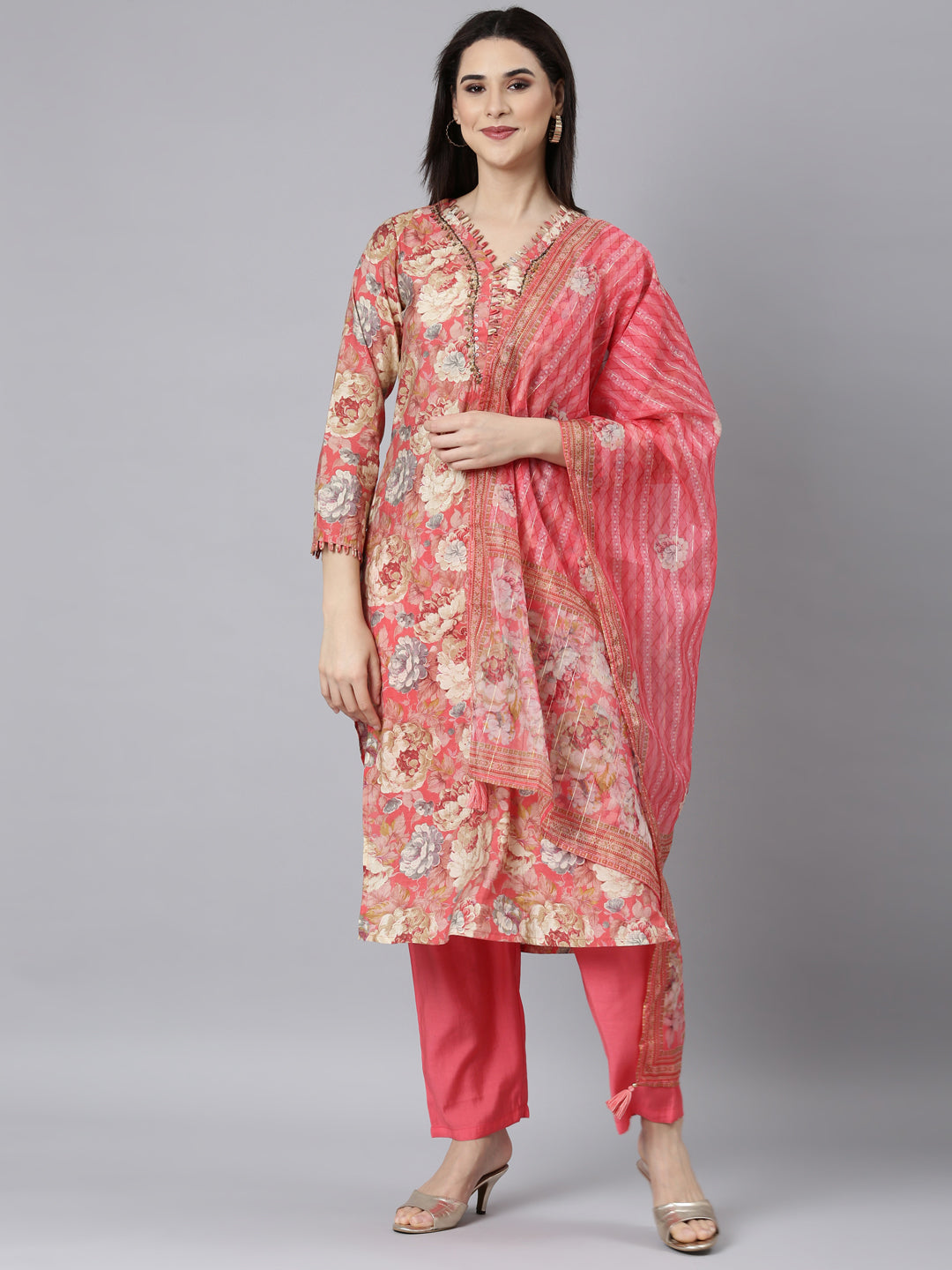 Neerus Coral Regular Straight Floral Kurta And Trousers With Dupatta