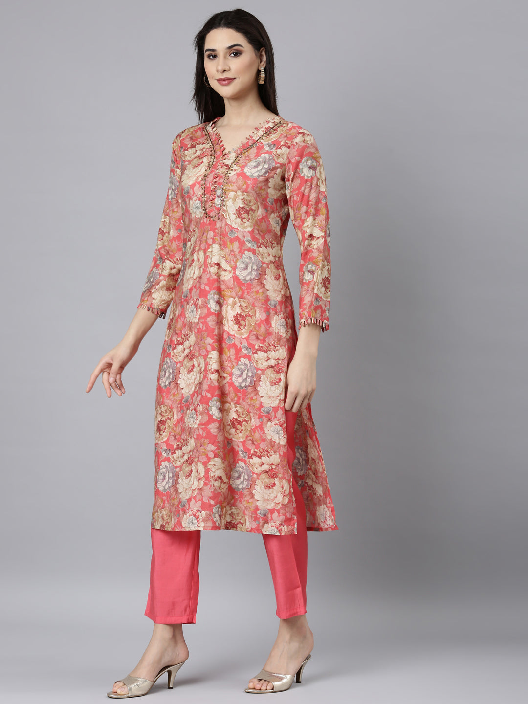 Neerus Coral Regular Straight Floral Kurta And Trousers With Dupatta