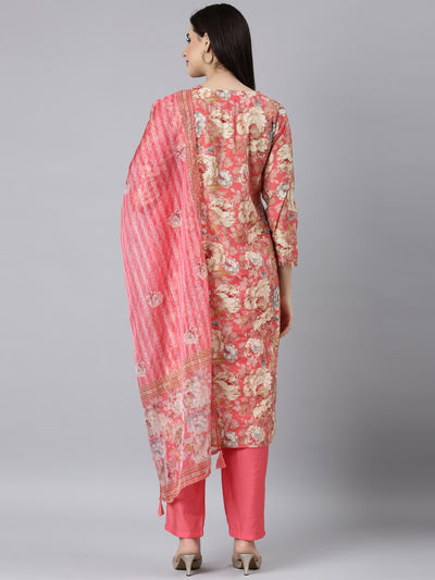 Neerus Coral Regular Straight Floral Kurta And Trousers With Dupatta