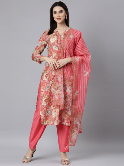 Neerus Coral Regular Straight Floral Kurta And Trousers With Dupatta