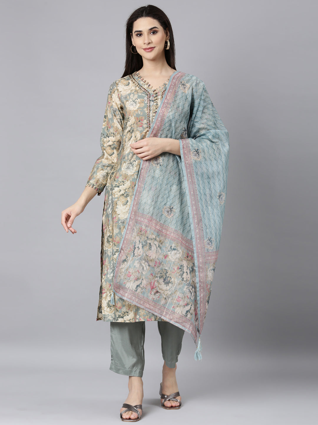 Neerus Grey Regular Straight Floral Kurta And Trousers With Dupatta