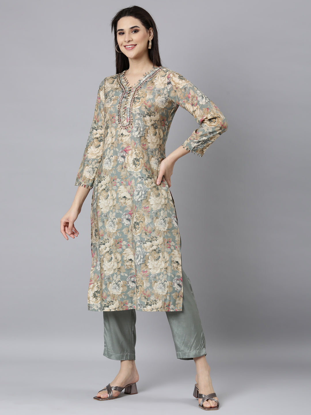 Neerus Grey Regular Straight Floral Kurta And Trousers With Dupatta