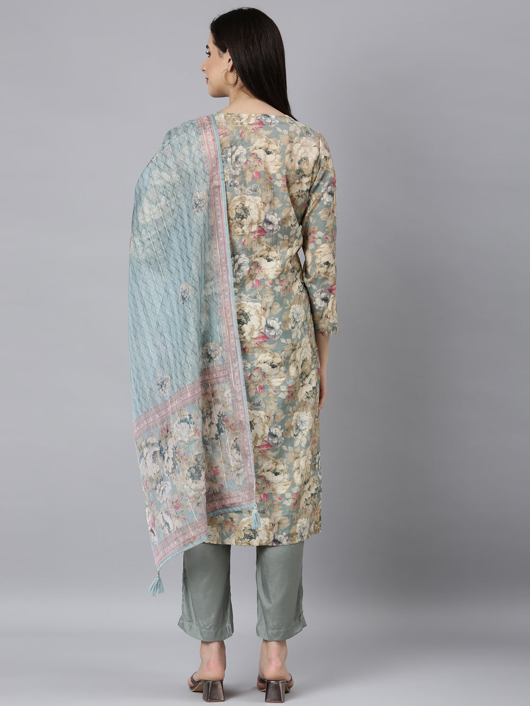 Neerus Grey Regular Straight Floral Kurta And Trousers With Dupatta