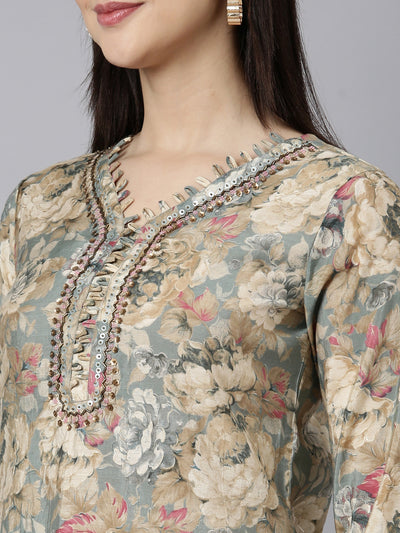 Neerus Grey Regular Straight Floral Kurta And Trousers With Dupatta