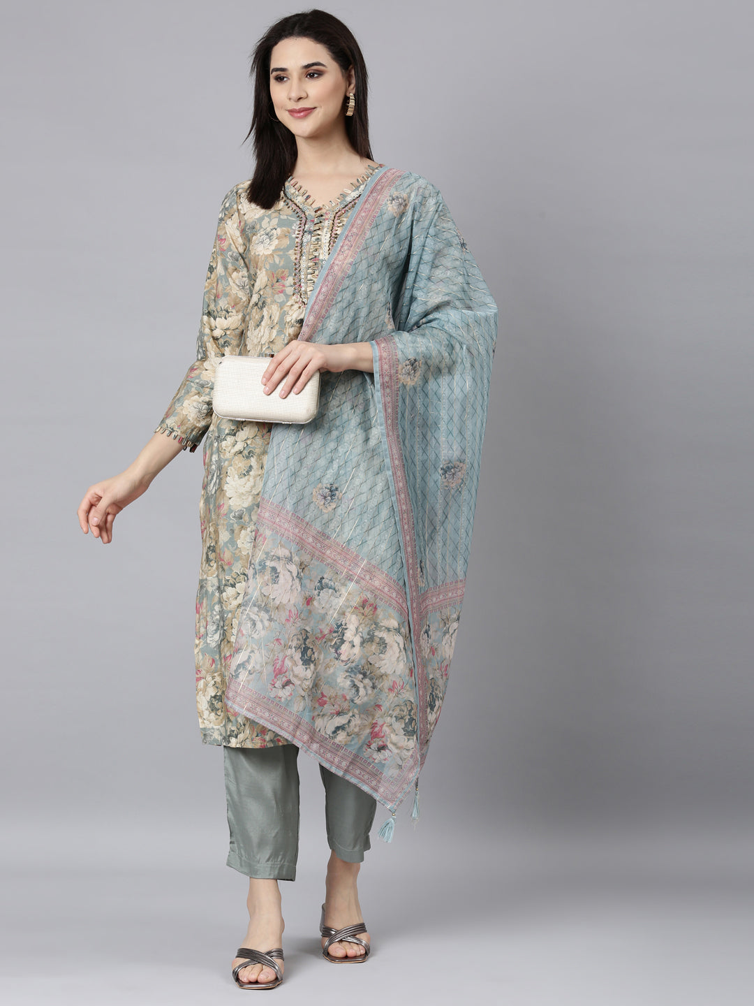 Neerus Grey Regular Straight Floral Kurta And Trousers With Dupatta