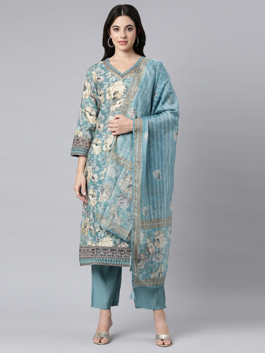 Neerus Blue Regular Straight Floral Kurta And Trousers With Dupatta