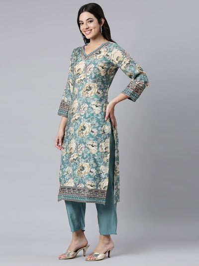 Neerus Blue Regular Straight Floral Kurta And Trousers With Dupatta