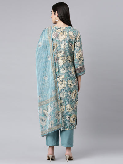 Neerus Blue Regular Straight Floral Kurta And Trousers With Dupatta