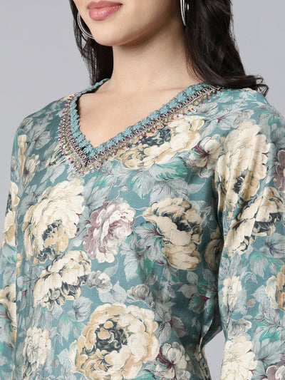 Neerus Blue Regular Straight Floral Kurta And Trousers With Dupatta