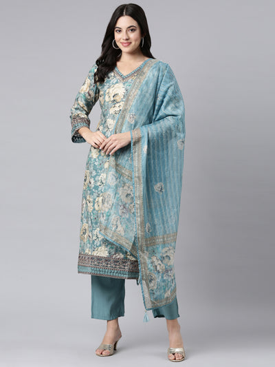 Neerus Blue Regular Straight Floral Kurta And Trousers With Dupatta