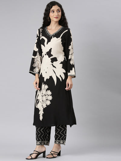 Neerus Black Straight Casual Floral Kurta and Plazzo