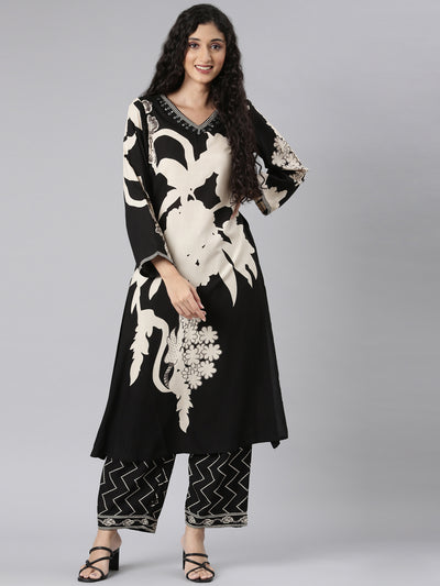 Neerus Black Straight Casual Floral Kurta and Plazzo