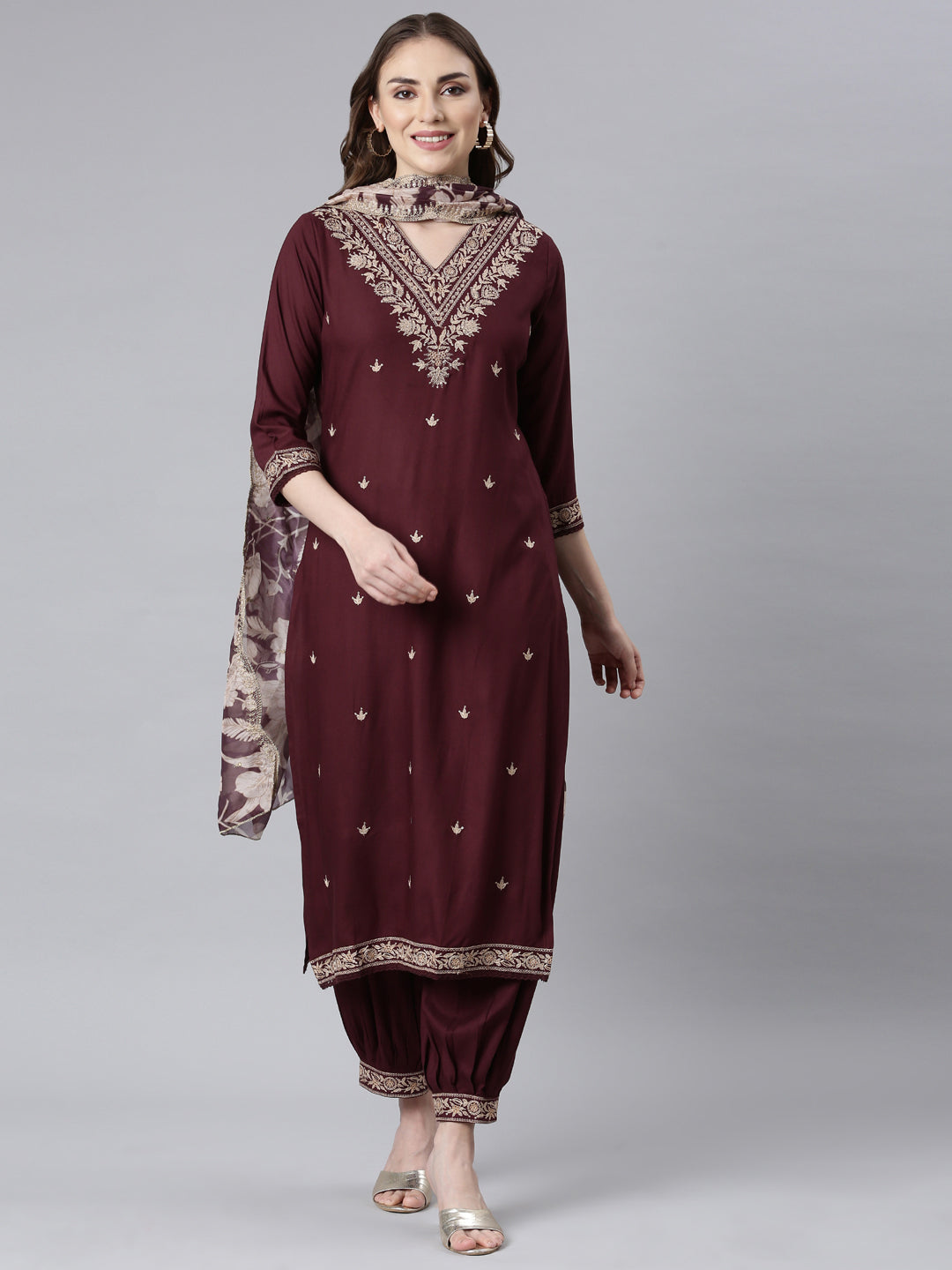 Neerus Grape Panelled Straight Ethnic Motifs Kurta And Churidar With Dupatta