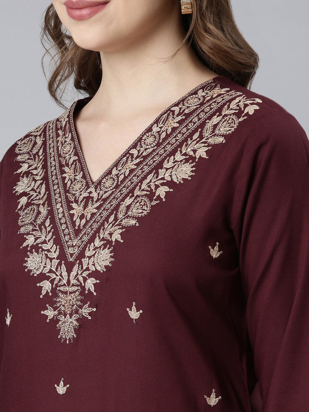 Neerus Grape Panelled Straight Ethnic Motifs Kurta And Churidar With Dupatta