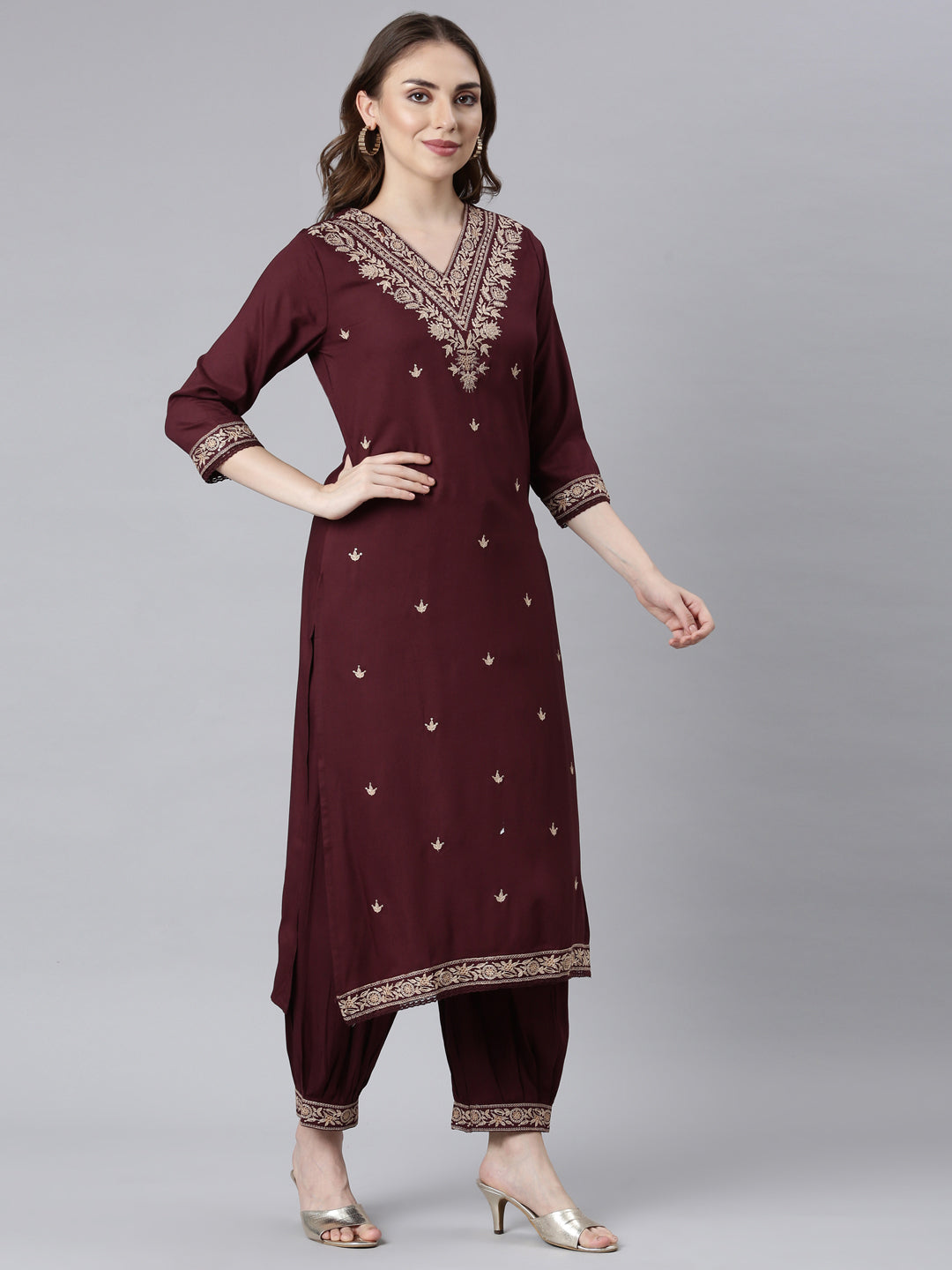 Neerus Grape Panelled Straight Ethnic Motifs Kurta And Churidar With Dupatta