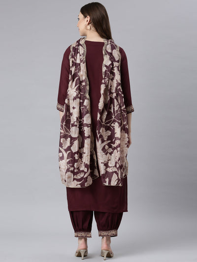 Neerus Grape Panelled Straight Ethnic Motifs Kurta And Churidar With Dupatta