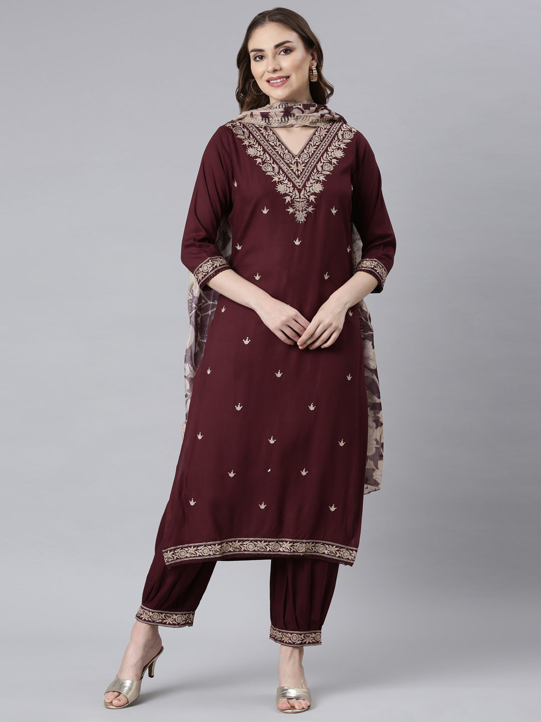 Neerus Grape Panelled Straight Ethnic Motifs Kurta And Churidar With Dupatta