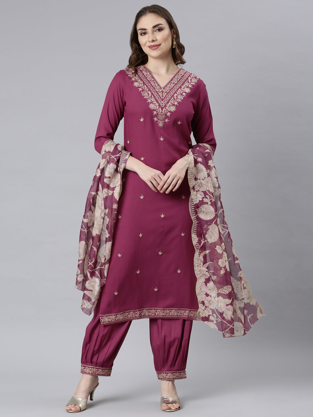 Neerus Magenta Panelled Straight Ethnic Motifs Readymade Suits