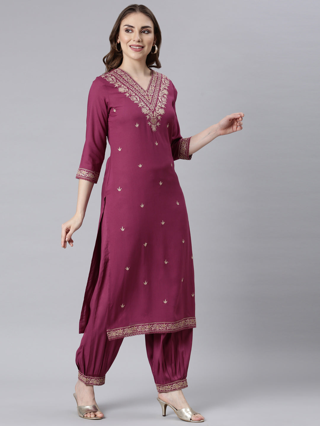 Neerus Magenta Panelled Straight Ethnic Motifs Readymade Suits