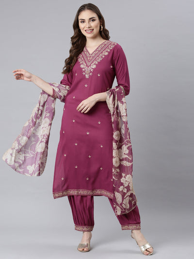 Neerus Magenta Panelled Straight Ethnic Motifs Readymade Suits