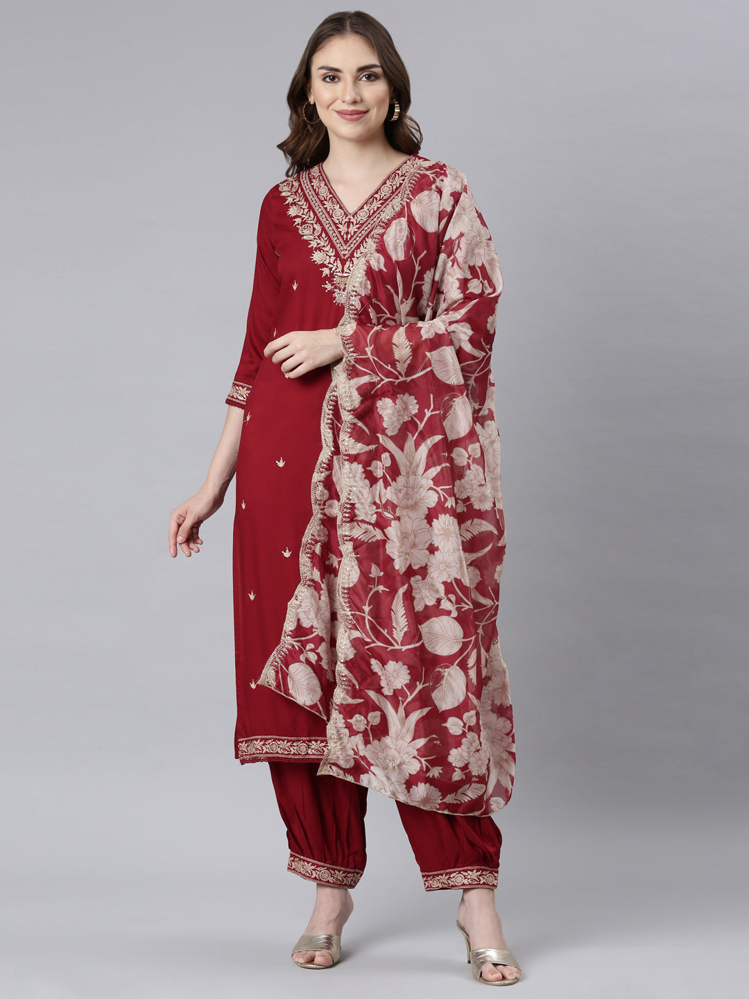 Neerus Maroon Panelled Straight Ethnic Motifs Kurta And Churidar With Dupatta