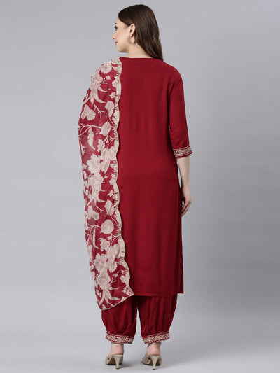 Neerus Maroon Panelled Straight Ethnic Motifs Kurta And Churidar With Dupatta