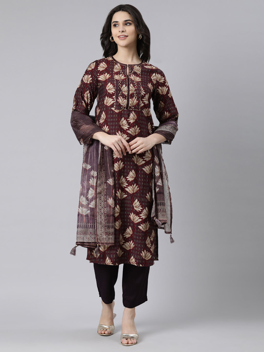 Neerus Purple Regular Straight Floral Kurta And Trousers With Dupatta