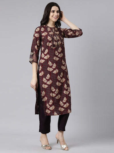 Neerus Purple Regular Straight Floral Kurta And Trousers With Dupatta