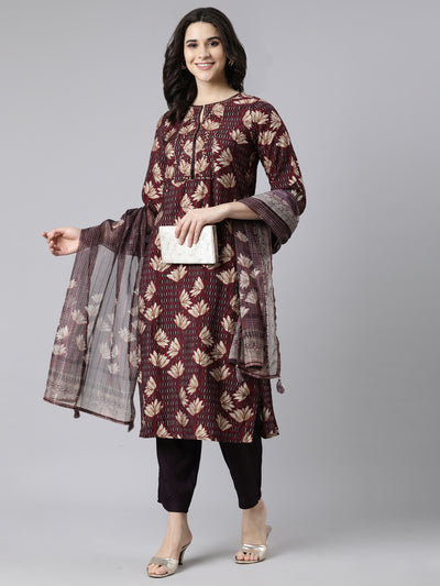 Neerus Purple Regular Straight Floral Kurta And Trousers With Dupatta