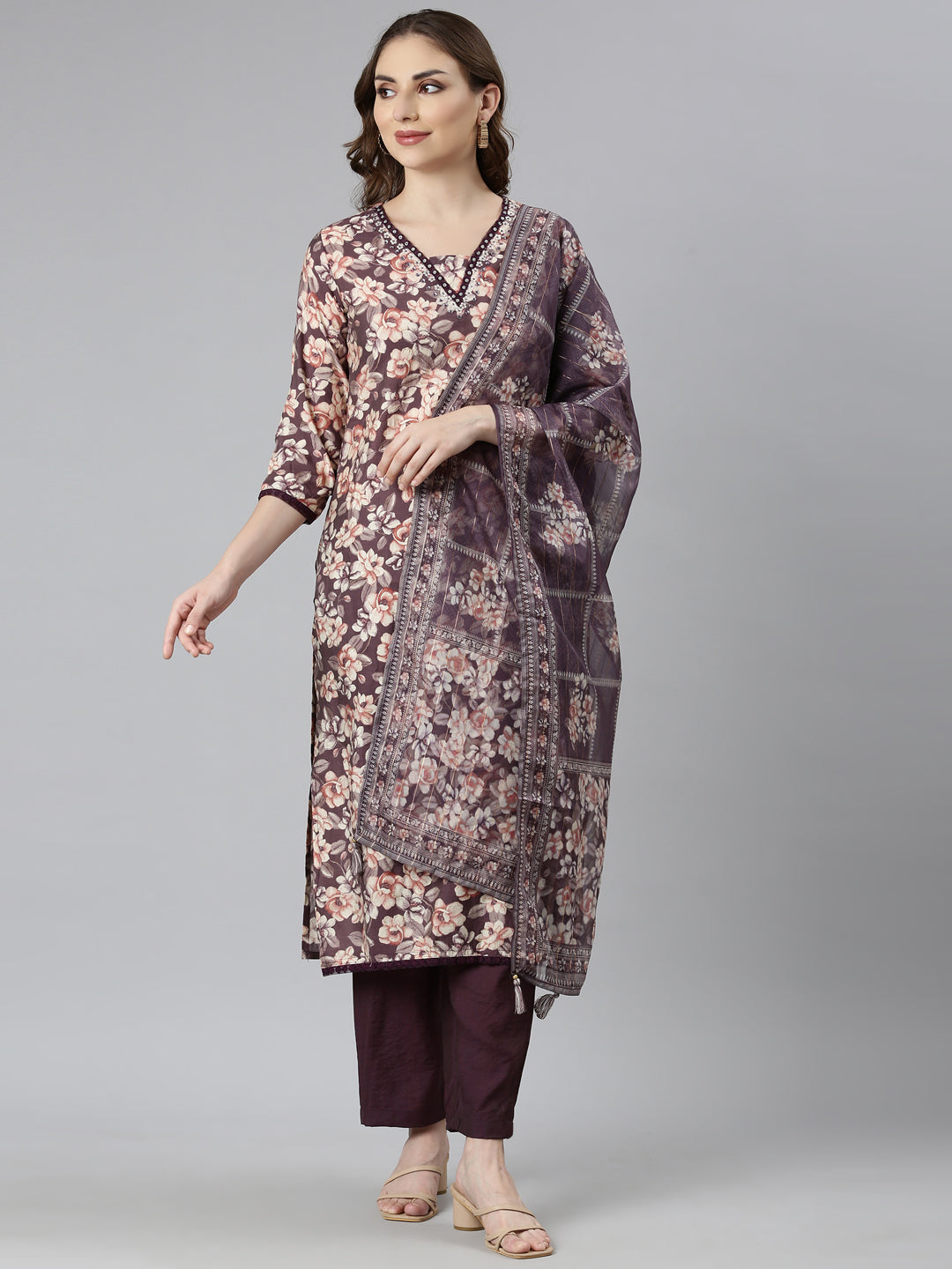 Neerus Purple Regular Straight Floral Kurta And  Trousers With Dupatta